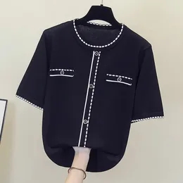 Women's Sweaters Button Diamond Pullover Sweater Women Loose Short Sleeves Knitted Jumper Female O-Neck Clothing 2023