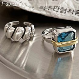 Band Rings Foxanry Fashion Blue Zircons Engagement Rings for Women Couples Vintage Handmade Irregular Geometric Party Jewellery Gifts 231024