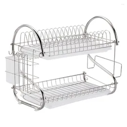 Kitchen Storage Dish Drying Rack Stainless Steel For 2 Tier Rust- Proof Drainer With Board And Utensil Holder