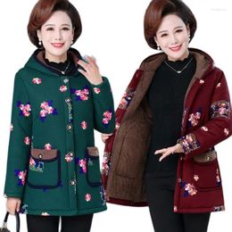 Women's Trench Coats Cotton Coat Parkers Middle-Aged Eelderly Mothers Autumn Winter Jacket Add Velvet Warm Casual Hooded Printing Outerwear