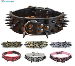 High Quality 2 quotWidth Pu Leather Big Dog Collar with Black Sharp Spikes Studded for Large Dog Pet Pitbull Mastiff9582548