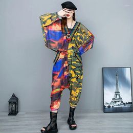 Women's Pants Oversized Two Pieces Set Mesh Spliced Patchwork Tees And Contrast Harem For Women Hip Hop Matching Kit