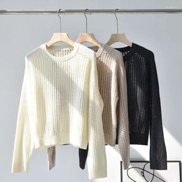 Women's Sweaters Sequin Women Hollowed Out S Short Sweater Wool Round Neck Lazy Style Long Sleeved Knitted Thick Needle Jumper Autumn 2023