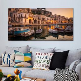 Sicilian Coastal Village with Fishing Boats Real Photo Landscape Picture Print on Canvas for Living Room Decor
