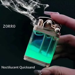 Lighters ZORRO Luminous Quicksand Rocker Kerosene Lighter Transparent Fuel Tank Metal Retro Grinding Wheel Cigarette Men's Gift