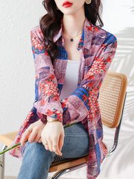 Women's Blouses Summer 2023 Thin Silk Linen Print Long Sleeve Loose Shirt Middle-aged Mothers Sunscreen Selling Tops T300