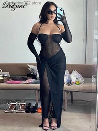 Two Piece Dress Dulzura Women Mesh See Through Sexy Y2K Clothes 2 Piece Lace Up Long Sleeve Backless Top High Waist Maxi Skirt Matching Set Club T231024