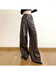 Women's Pants 2023 Dark Faux Leather Y2k Streetwear Cargo Cyber Gothic Punk High Waist Baggy Trousers 90s Grunge Vintage Female Bottoms