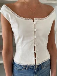 Women's Tanks Women's CHRONSTYLE Off Shoulder Low Cut O-neck Tank Tops Elegant Women Buttons Up Lace Patchwork White Solid Sleeveless