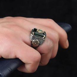 Rings Band Rings Retro Handmade Turkish Signet Ring for Men Vintage Silver Color Carving Pattern Inlay Green Zircon Party Punk Motor Bik