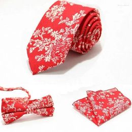 Bow Ties Floral Necktie Tie Handkerchief For Men Leisure Cotton 6cm Kerchief Set Standard Pocket Square Red Wedding