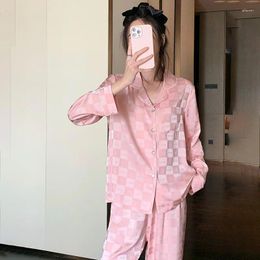 Women's Sleepwear Pyjamas Set For Silk Long-sleeved Pyjamas Pants Jacquard Plaid High-grade Satin Home Suit Lounge Wear Pijamas