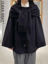 Women' Blends Female Fashion Dark Blue Tassels Coats With Scarf Chic Solid Single Breasted Long Sleeve Jackets 2023 Lady High Street Outerwear 231023