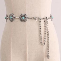 Belts 90s Silvertone Chain And Faux Turquoise Concho Belt For Women | Western Southwestern Waist Piece 25 To 40