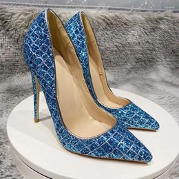 Dress Shoes 12cm Women's Very High Heel Sexy With Bright Blue Sequins Pointed Toe Stiletto Elegant