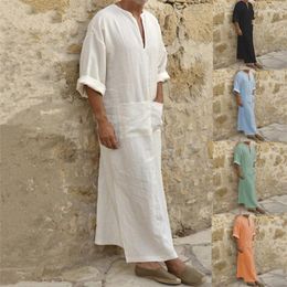 Ethnic Clothing White Men's Muslim Robe V-neck Casual Linen Abaya Pocket Loose Jubba Thobe Vintage Arab Islamic Dress Long Sleeve Caftan