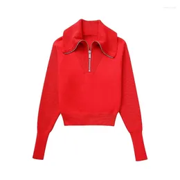 Women's Sweaters Red Zip Cropped For Women 2023 Turtleneck Knitted Sweater Woman Long Sleeve Autumn Pullover