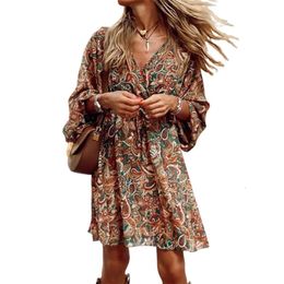 Urban Sexy Dresses Mid Waist Drawstring Bohemian Style Print Dres V Neck Pullover Loose Dressy Female Casual Seven quarter Sleeve Short Gown 231023
