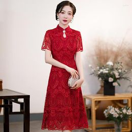 Ethnic Clothing Women Red Sexy Lace Hollow Out Cheongsams Elegant Short Sleeve Qipao Vintage Button Chinese Dress Mandarin Collar Vestidos