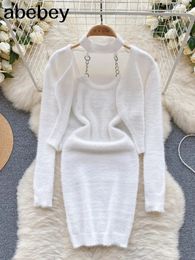 Two Piece Dress Womans Clothes For Rave Outfit Knitted Suspender Long Sleeved Shawl Cardigan Sexy Spicy Girl Style 231024