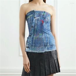 Women's Tanks Women's Tank Top 2023Summer Korean Fashion Imitation Denim Print Vest Woman Clothing Sleeveless Sexy Off Shoulder Corset