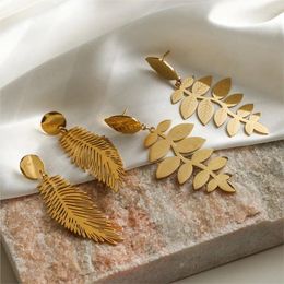 Dangle Earrings ANENJERY 316L Stainless Steel Iregular Feather Leaves Drop For Women Retro Temperament Hoop Earring Jewelry Gift