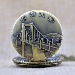 Pocket Watches Fashion Bronze Xiamen Scenery Haicang Bridge Quartz Watch Analogue Pendant Necklace Men Womens Gift P278 Reloj