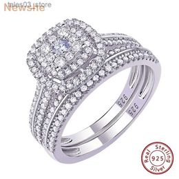 Wedding Rings Newshe 2Pcs Wedding Rings for Women Solid 925 Sterling Silver Engagement Ring Bridal Set 1.6Ct Halo Round Cut AAAAA Zircon Q231024