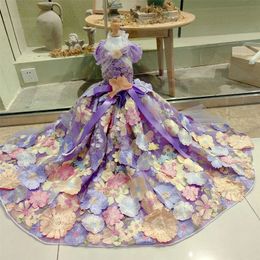 Dog Apparel Luxury Purple Handmade Embroidery Flower Wedding Skirts Pet Dog Clothes Lace Bow Long Tail Princess Dress For Small Medium Dogs 231024