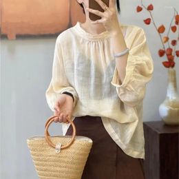 Women's Blouses Johnature Linen Solid Colour Collar Balloon Sleeves Shirt 2023 Summer Woman Vintage Single Breasted Long