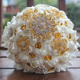 Wedding Flowers Diamond Pearls Bouquets Artificial Bridal Holding Crystal Sweet 15 Quinceanera PL001G