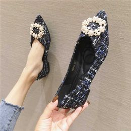 Women Flats Flat Shoes Pointed Toe Blue Apricot Pearls Slip on Boat Scoop princess shoes 231024