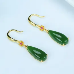 Dangle Earrings 925 Sterling Silver Green Jade Water Drop Women Fine Jewelry Genuine Hetian Jades Golden Flower Teardrop Beads Earring