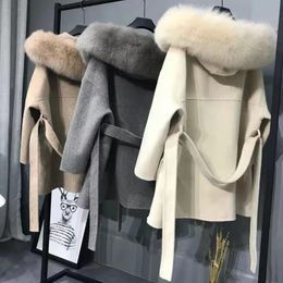 Mulheres trench coats cashmere jaqueta feminina senhoras feitas à mão gola de pele casaco de lã casual inverno casaco de lã 231023