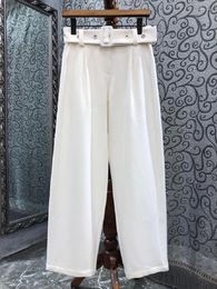 Women's Pants 2023 Spring Fashion High Quality Ladies Ring Deco Belts Pocket Patchwork Full Length Casual Straight White Black