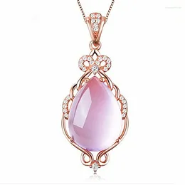 Pendant Necklaces Ociki Rose Gold Color Ross Quartz CZ Crystal Pink Opal Jewelry Necklace For Women Girls Gift Chokers Drop