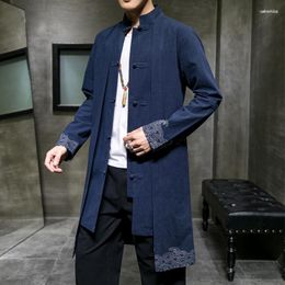 Men's Trench Coats Men's MrGB Spring/autumn Jacket Cotton Linen China Style Print Tang Suit Hanfu Medium Length Windbreaker Oversized