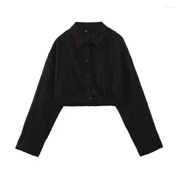 Women's Blouses Summer Lapel Long-sleeved Hollow Embroidery Shirt Single-breasted Slim Fit Black Top
