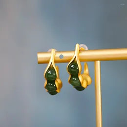 Stud Earrings S925 Silver Plated Gold Pod Hetian Jade Women's