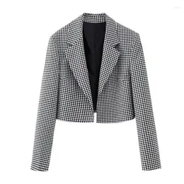 Women's Suits Vintage Plaid Short Suit Jacket Cardigan Coat Women Spring Autumn Casual Notched Collar Long Sleeve Female Blazers Outwear