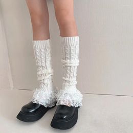 Women Socks Lolita Lace Leg Warmer Knitted Long Japanese Autumn Winter Twist Stripes Foot Cover JK Bunching Boot Cuffs Stockings