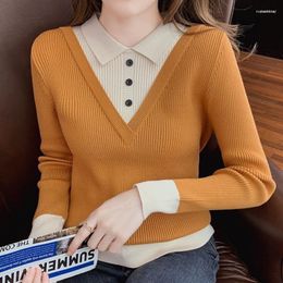 Women's Sweaters Women's Panels Of Autumn Polo Pretty Small Collar Buttons Comfortable Long Sleeves Fashion Knit Versatile Base