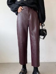 Women's Pants QOERLIN Fall Winter PU Leather Women Elegant High Waist Pockets Faux Harem Pant Female Back Elastic Trousers