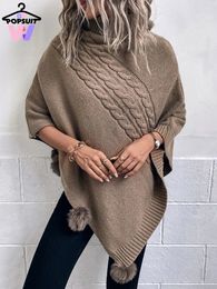 Women's Cape In Women Poncho Sweater Vintage Solid Coarse Line Stripes Turtleneck Bat Wing Sleeve Fuzz Ball Knitwear Holiday Cape Ponczo 231023