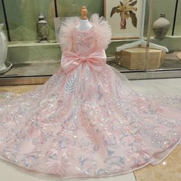 Dog Apparel Pink Shining Sequin Embroidered Big Bow Long Tail Princess Dresses For Small Medium Dog Fashion Luxury Handmade Pet Dog Clothes 231024