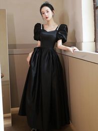 Party Dresses Black Satin Long Evening Gowns Elegant Puff Sleeve Back Bandage Slim A-Line Performance Dress Women Temperament Graduation