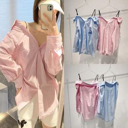 Women's Blouses High Quality Korean Fashion Early Spring King Pink Stripe Off Shoulder Strap Long Sleeve Shirt Top