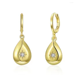 Dangle Earrings Fashion Women Flatted Water Drop Gold Color Compass Star Carved White Zircon CZ Lady Party Ears Jewelry