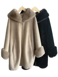 Kvinnors nya Mink Wool Suede Foder Long Coat med Big Fake Fox Päls krage huva jacka