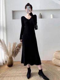 Casual Dresses Autumn Winter Black V Neck Party Sweater Dress Women Apricot Long Sleeve Basic Slim Elastic Bodycon Striped Vestidos